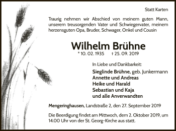Traueranzeige von Wilhelm Brühne von WLZ