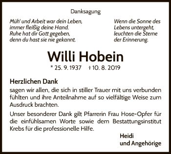 Traueranzeige von Willi Hobein von WLZ