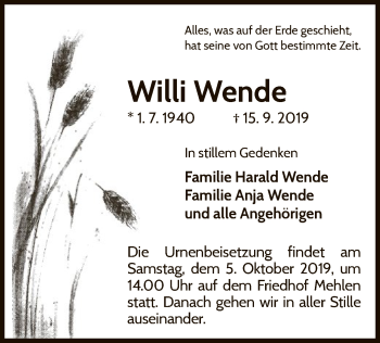 Traueranzeige von Willi Wende von WLZ