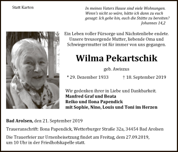 Traueranzeige von Wilma Pekartschik von WLZ
