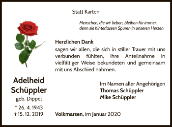 Traueranzeige von Adelheid Schüppler von WLZ