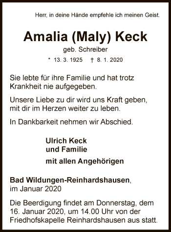 Traueranzeige von Amalia Maly Keck von WLZ