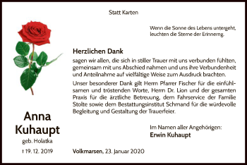 Traueranzeige von Anna Kuhaupt von WLZ
