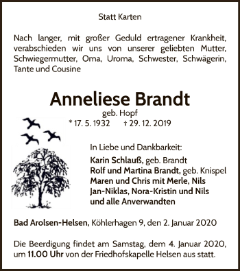 Traueranzeige von Anneliese Brandt von WLZ