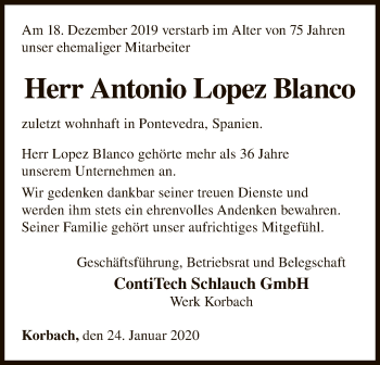 Traueranzeige von Antonio Lopez Blanco von WLZ
