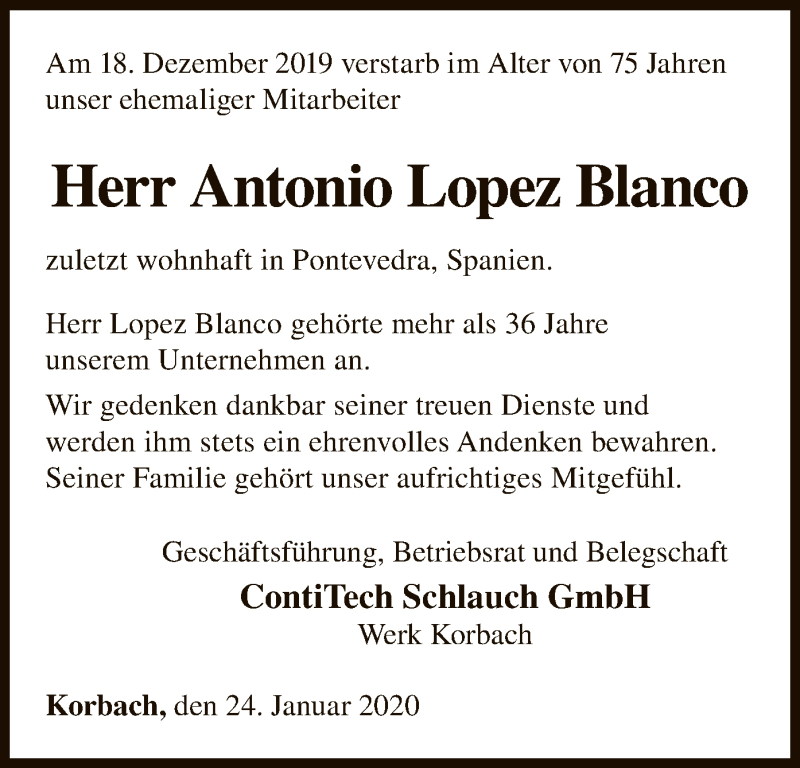  Traueranzeige für Antonio Lopez Blanco vom 24.01.2020 aus WLZ