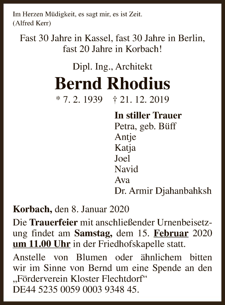 Traueranzeige für Bernd Rhodius vom 08.01.2020 aus WLZ