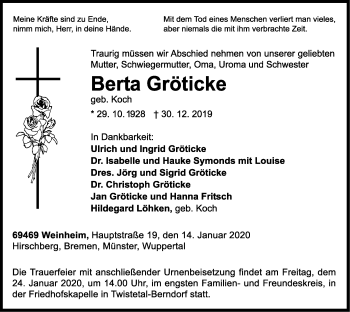 Traueranzeige von Berta Gröticke von WLZ