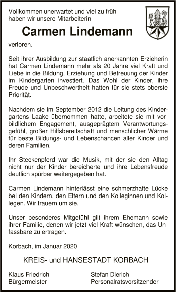 Traueranzeige von Carmen Lindemann von WLZ