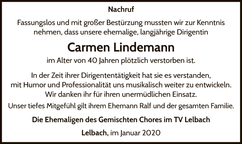  Traueranzeige für Carmen Lindemann vom 30.01.2020 aus WLZ