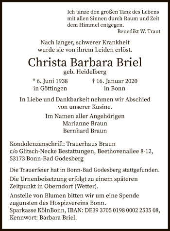 Traueranzeige von Christa Barbara Briel von WLZ