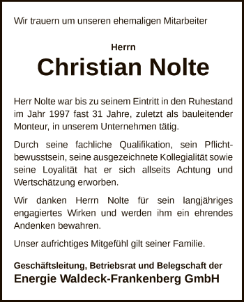 Traueranzeige von Christian Nolte von WLZ