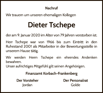 Traueranzeige von Dieter Tschepe von WLZ