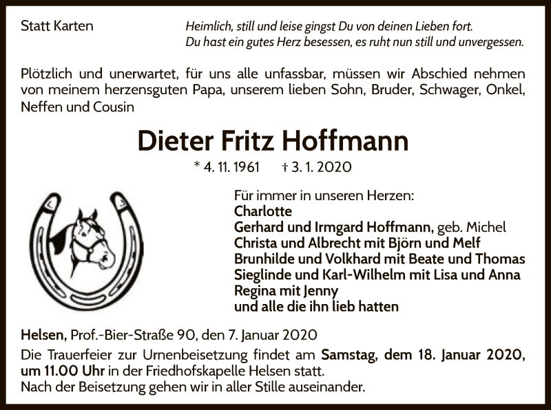  Traueranzeige für Dieter Fritz Hoffmann vom 07.01.2020 aus WLZ