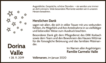 Traueranzeige von Dorina Valle von WLZ
