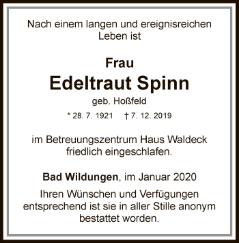 Traueranzeige von Edeltraut Spinn von WLZ