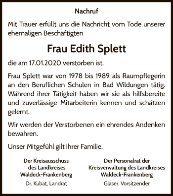 Traueranzeige von Edith Splett von WLZ