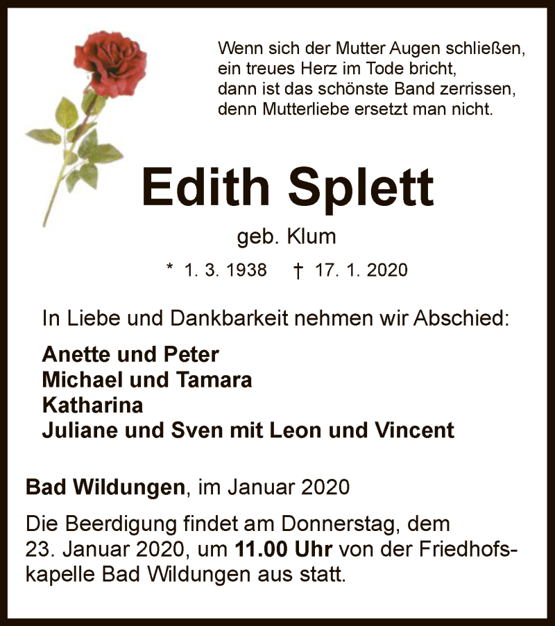  Traueranzeige für Edith Splett vom 18.01.2020 aus WLZ