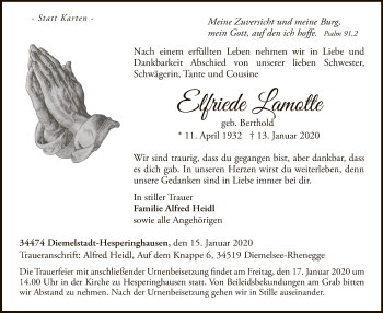 Traueranzeige von Elfriede Lamotte von WLZ