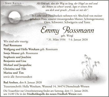 Traueranzeige von Emmy Rossmann von WLZ
