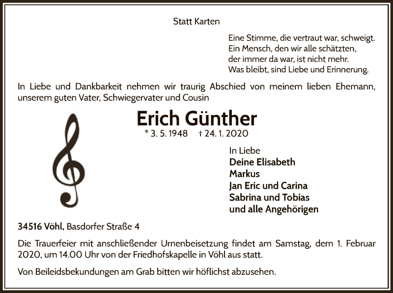  Traueranzeige für Erich Günther vom 28.01.2020 aus WLZ