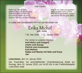 Traueranzeige von Erika Michel von WLZ