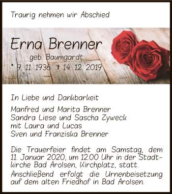 Traueranzeige von Erna Brenner von WLZ