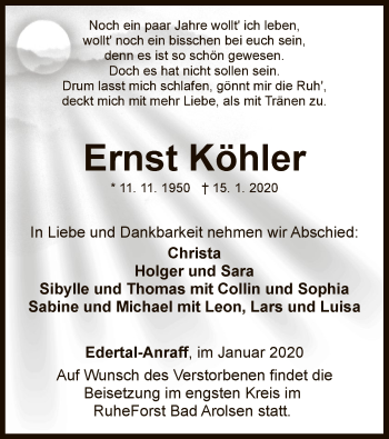 Traueranzeige von Ernst Köhler von WLZ