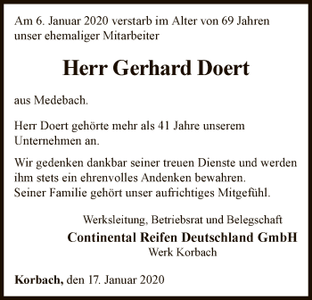 Traueranzeige von Gerhard Doert von WLZ