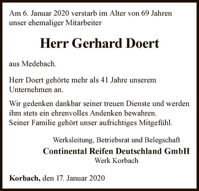  Traueranzeige für Gerhard Doert vom 17.01.2020 aus WLZ