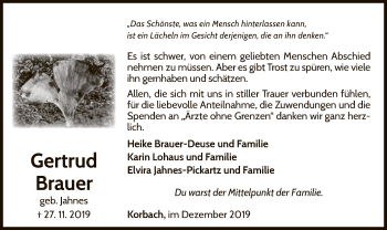 Traueranzeige von Gertrud Brauer von WLZ