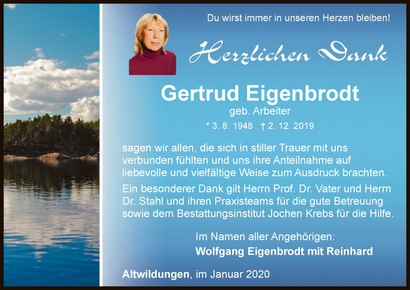  Traueranzeige für Gertrud Eigenbrodt vom 04.01.2020 aus WLZ