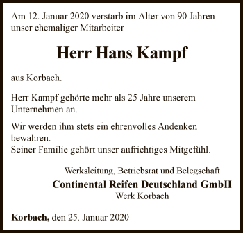 Traueranzeige von Hans Kampf von WLZ