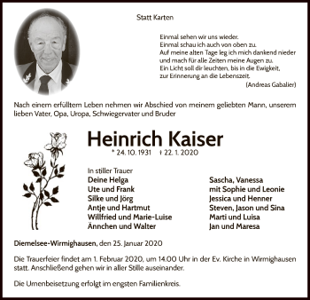 Traueranzeige von Heinrich Kaiser von WLZ