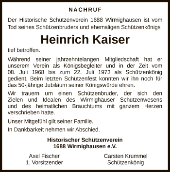 Traueranzeige von Heinrich Kaiser von WLZ