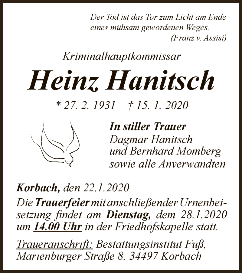  Traueranzeige für Heinz Hanitsch vom 22.01.2020 aus WLZ