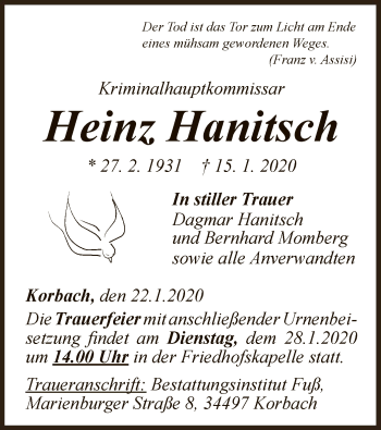 Traueranzeige von Heinz Hanitsch von WLZ