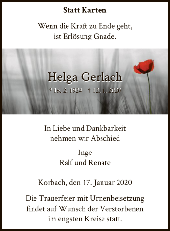 Traueranzeige von Helga Gerlach von WLZ