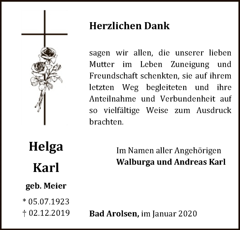  Traueranzeige für Helga Karl vom 04.01.2020 aus WLZ