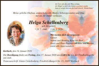 Traueranzeige von Helga Schellenberg von WLZ