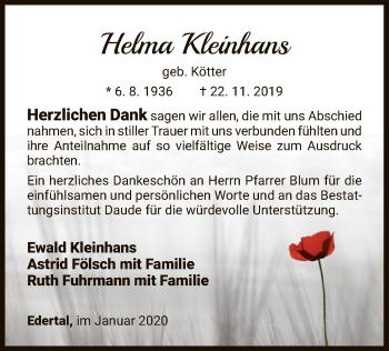 Traueranzeige von Helma Kleinhans von WLZ
