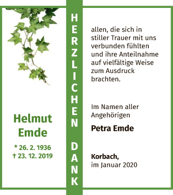 Traueranzeige von Helmut Emde von WLZ