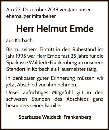 Traueranzeige von Helmut Emde von WLZ
