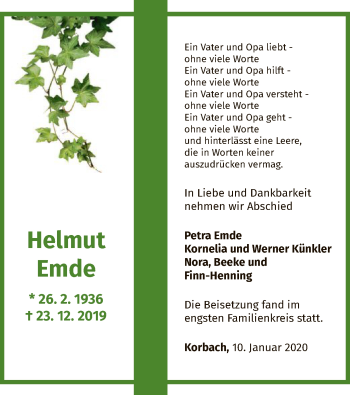 Traueranzeige von Helmut Emde von WLZ