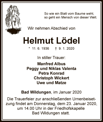 Traueranzeige von Helmut Lödel von WLZ