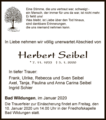 Traueranzeige von Herbert Seibel von WLZ