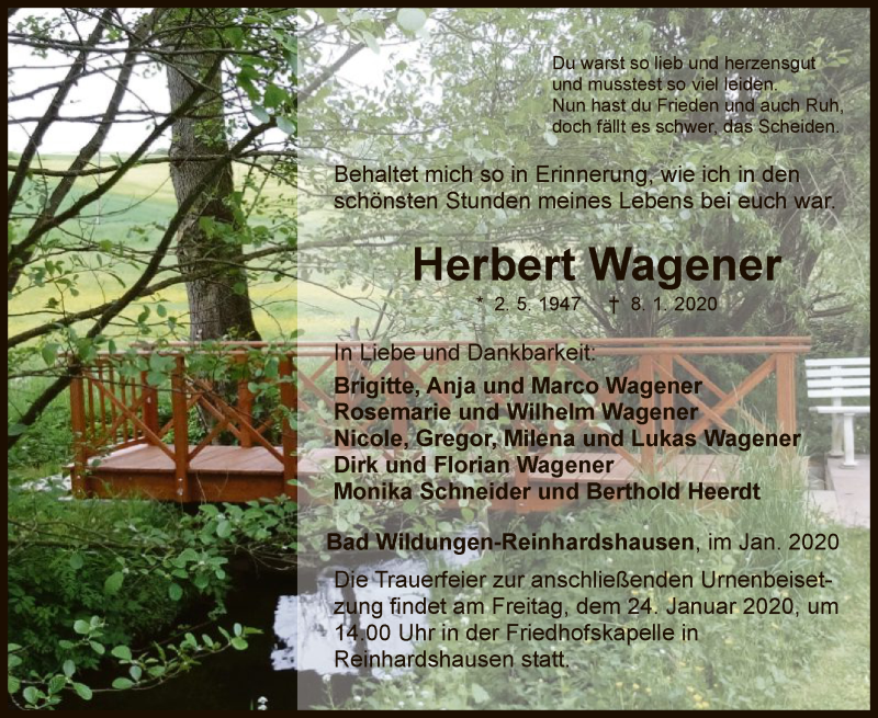  Traueranzeige für Herbert Wagener vom 18.01.2020 aus WLZ