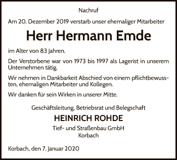 Traueranzeige von Hermann Emde von WLZ