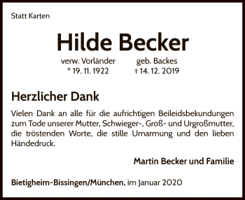 Traueranzeige von Hilde Becker von WLZ