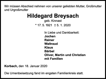 Traueranzeige von Hildegard Breysach von WLZ